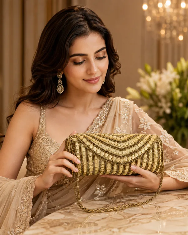 Golden Bloom Handcrafted Beaded Clutch Bag