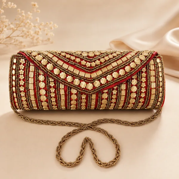 Crimson Bloom Handcrafted Beaded Clutch Bag
