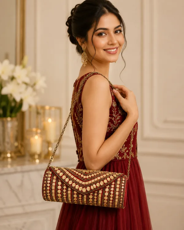 Crimson Bloom Handcrafted Beaded Clutch Bag