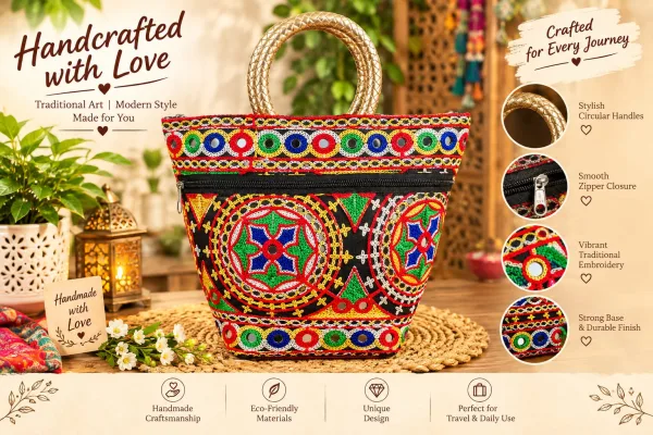 Vibrant Handcrafted Party Bag with Circular Handles